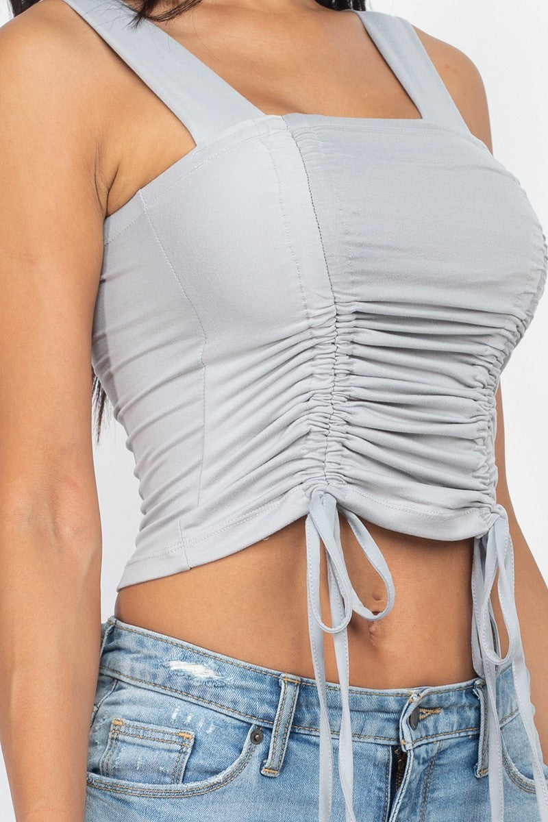 Adjustable Front Ruched With String Square Neck Crop Tops in Grey