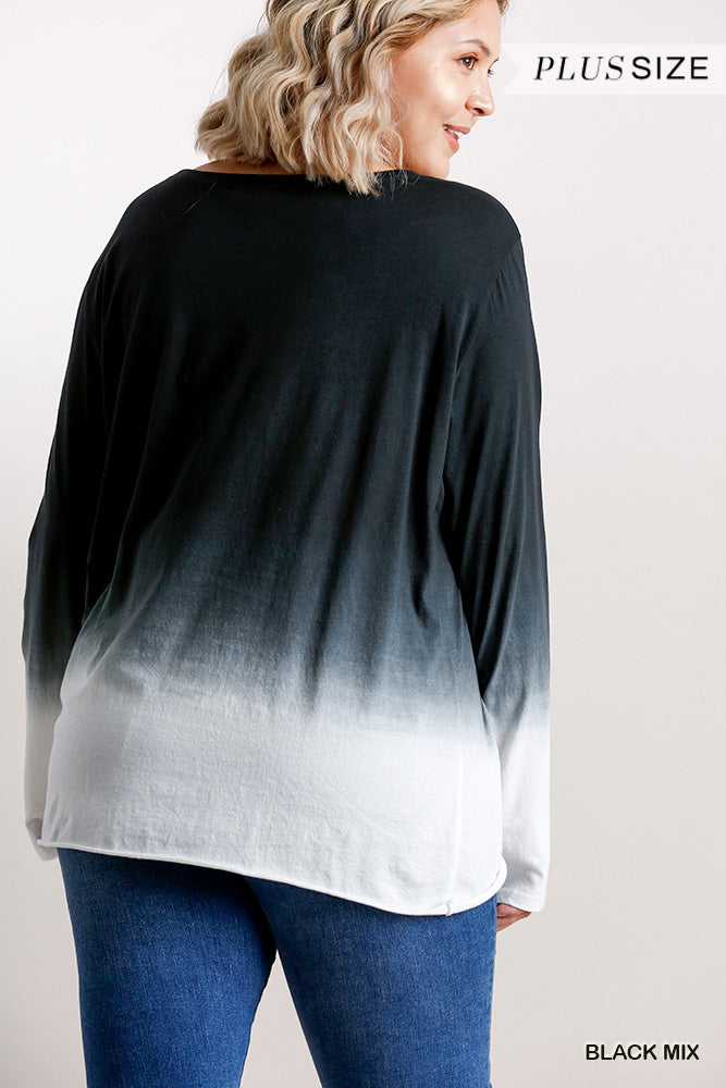 Ombre Print Long Sleeve Top With Gathered Front Detail And Raw Hem in Black