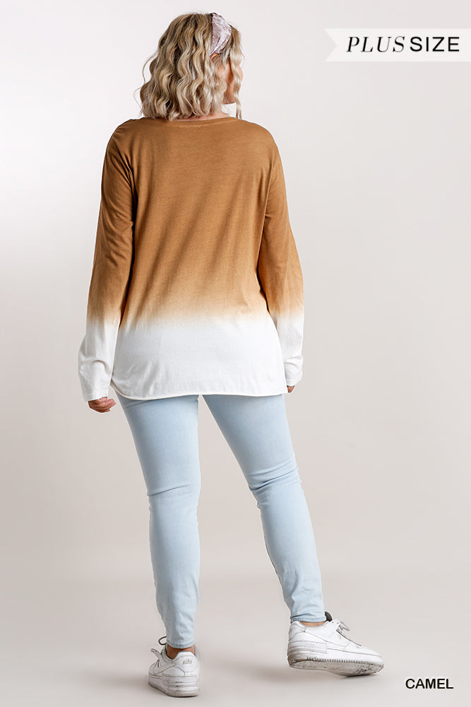 Ombre Print Long Sleeve Top With Gathered Front Detail And Raw Hem in Camel
