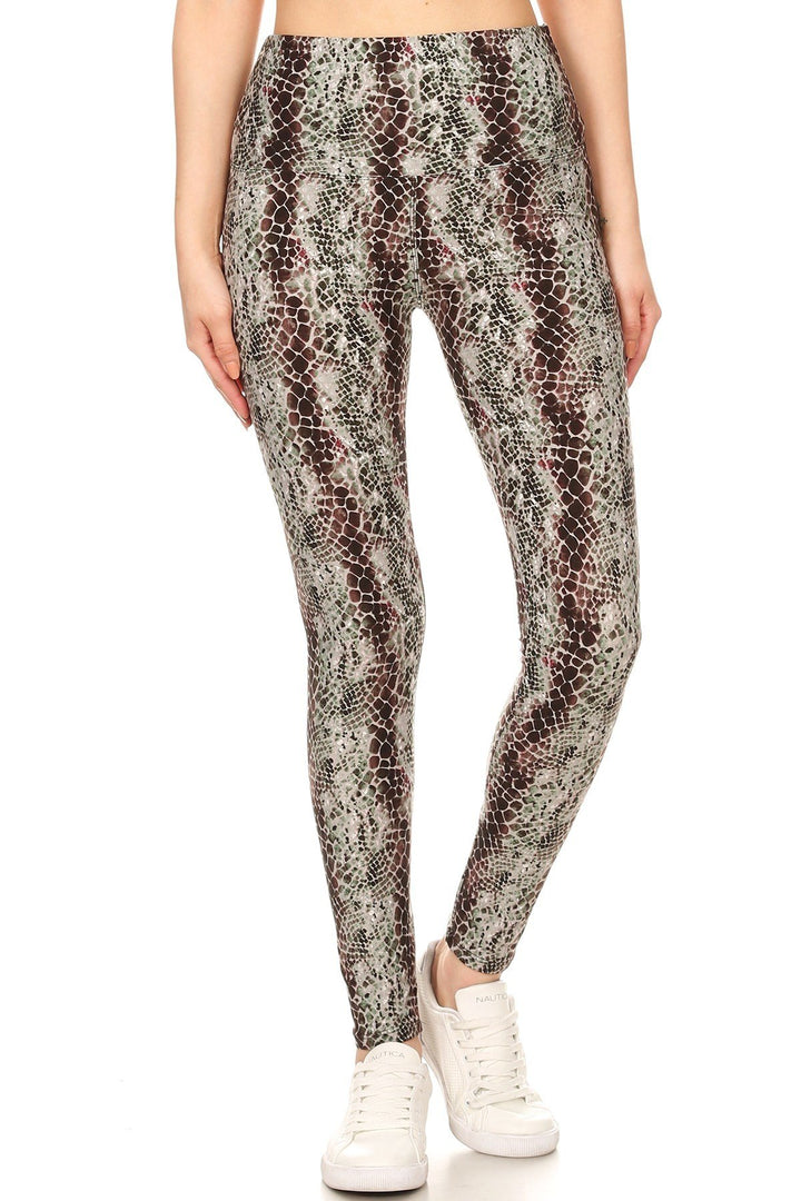 Yoga Style Banded Lined Snakeskin Printed Knit Legging With High Waist