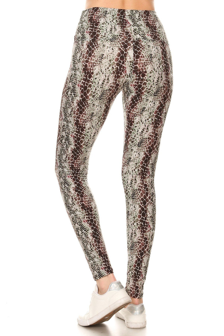 Yoga Style Banded Lined Snakeskin Printed Knit Legging With High Waist