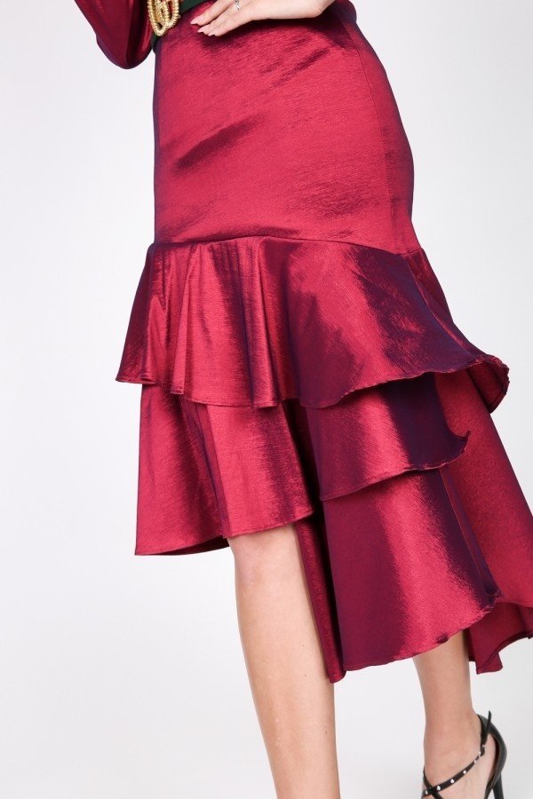 Asymmetrical Ruffle Bottom Satin Skirt | Red Asymmetrical Ruffle