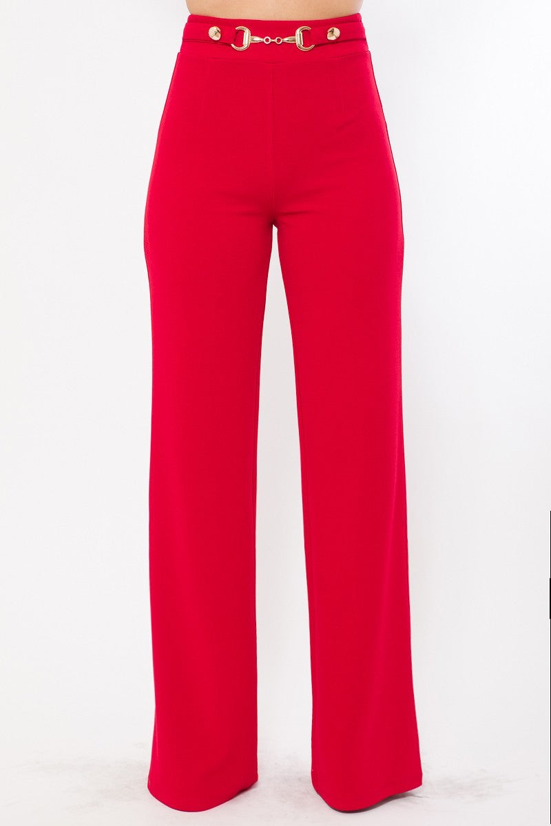 Waist Button And Buckle Detailed Fashion Pants in Red