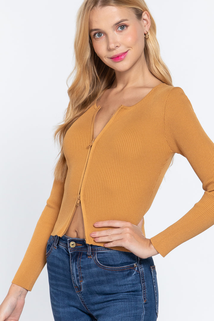 Rib Sweater Top with Front Zipper