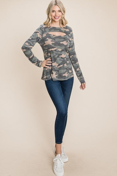 Army Camo Printed Cut Out Neckline Long Sleeves Casual Basic Top in Olive Camo