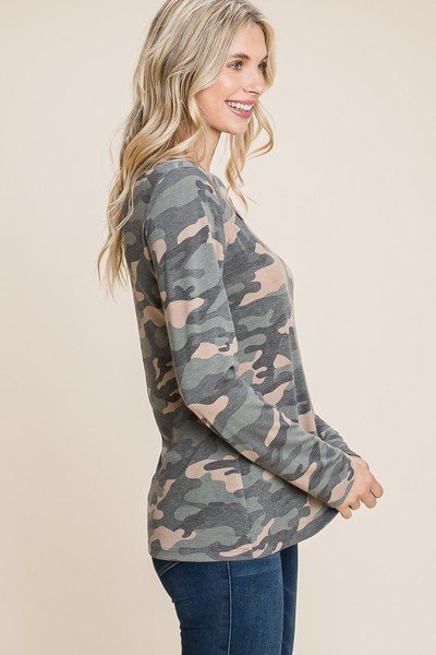 Army Camo Printed Cut Out Neckline Long Sleeves Casual Basic Top in Olive Camo