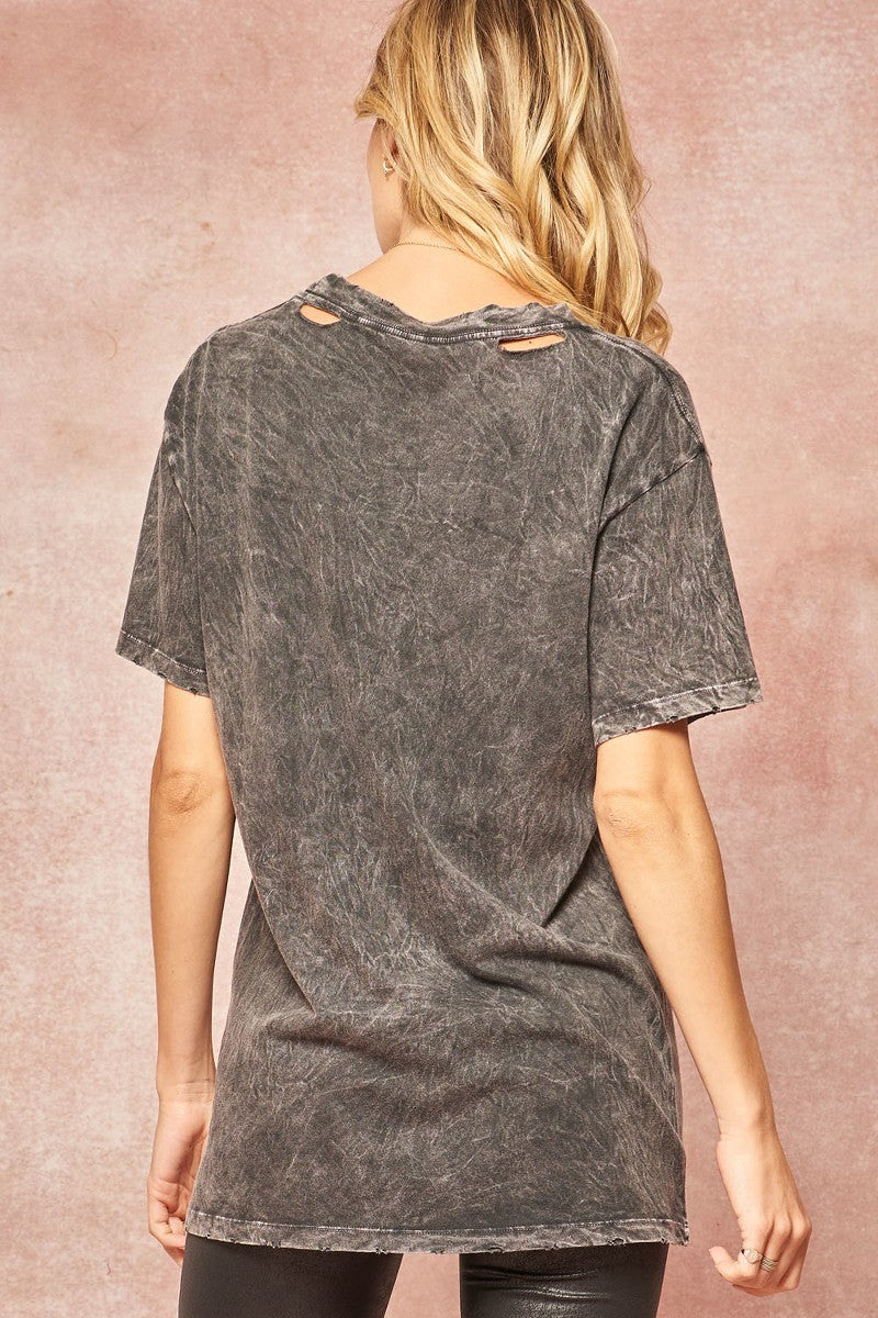 A Short sleeve Vintage-style Mineral Washed Graphic T-shirt for Women in Charcoal