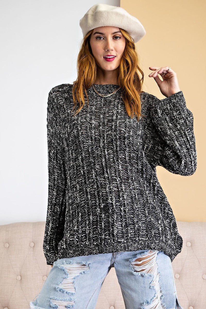 Long Sleeve Textured Knitted Sweater in Black