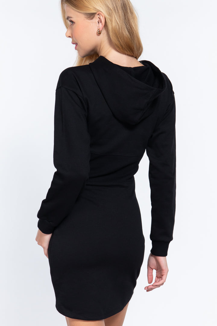 Long Sleeve Hoodie French Terry Mini Dress in Black