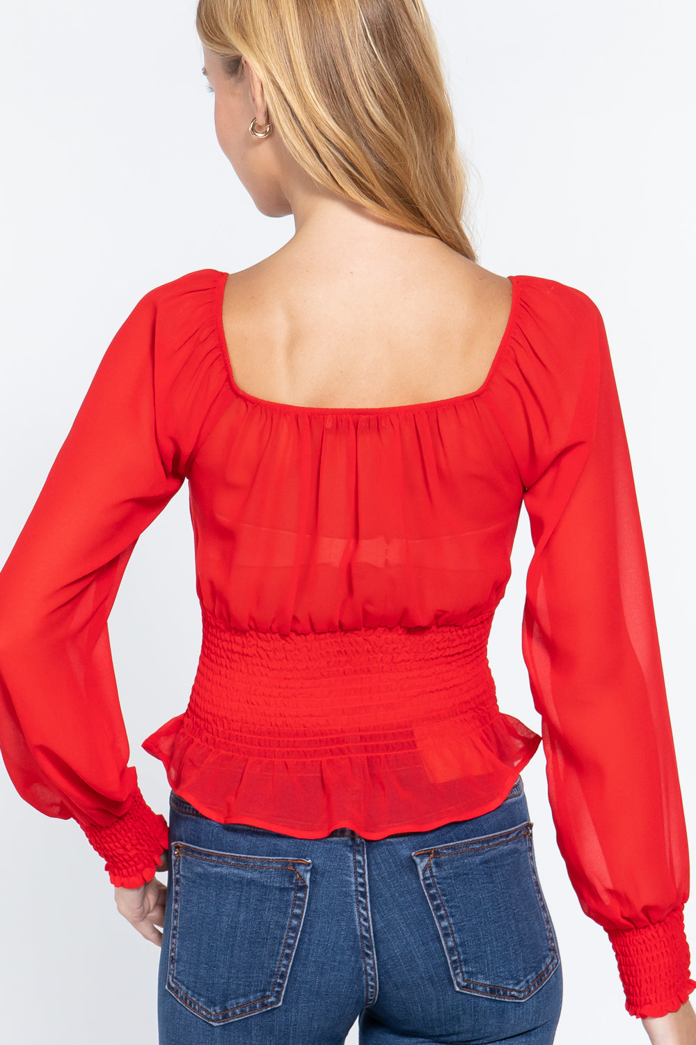 Long Sleeve Smocked Chiffon Top for Women in Red