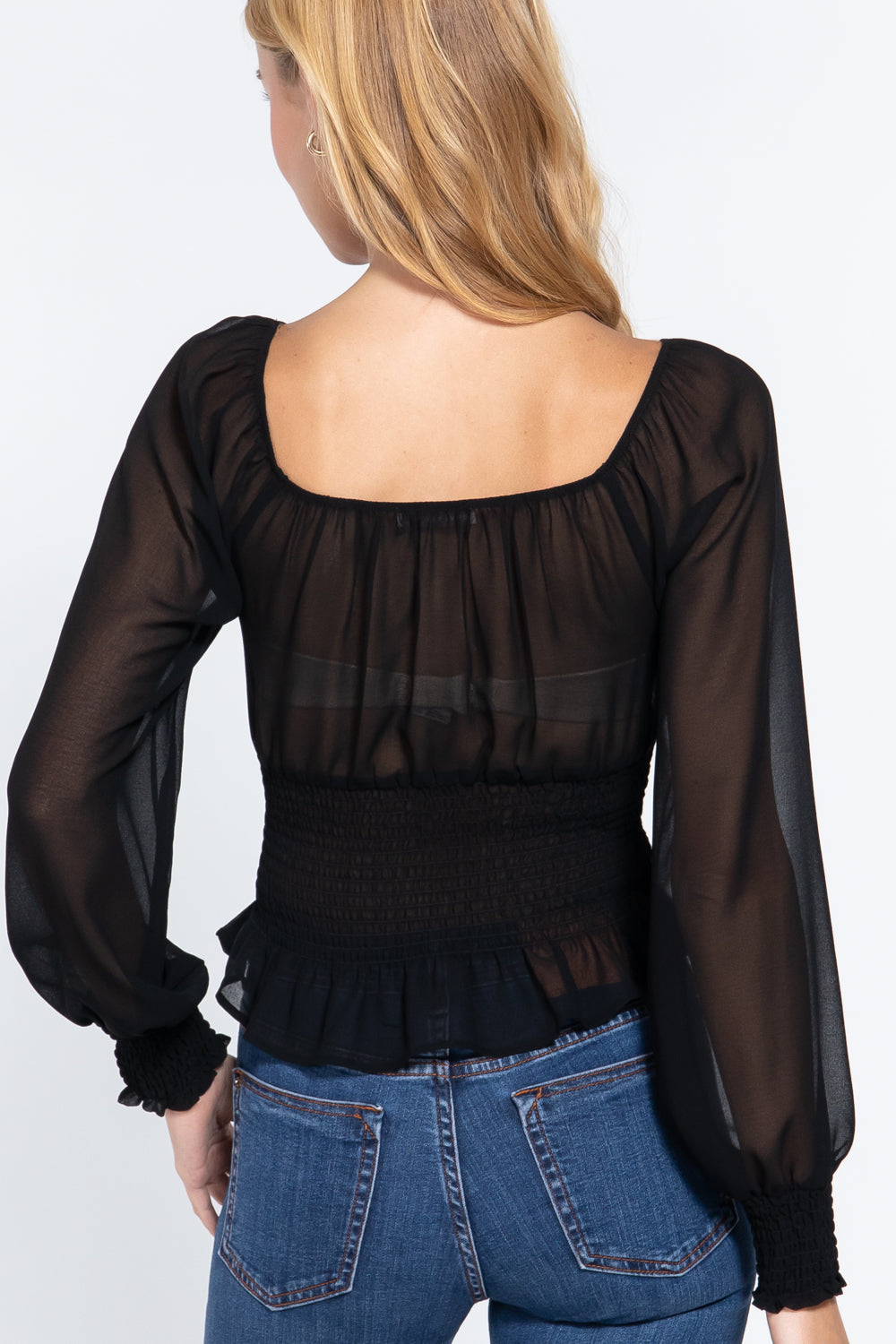 Long Sleeve Smocked Chiffon Top for Women in Black