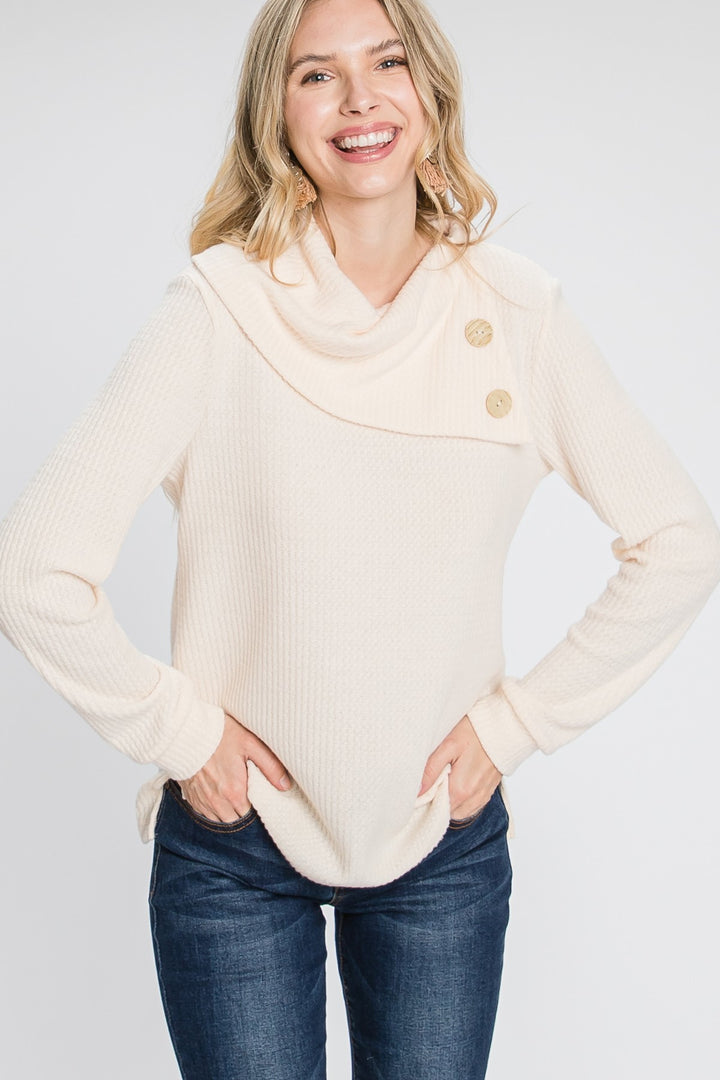 Long Sleeve Buttoned Flap Mock Sweater in Off White