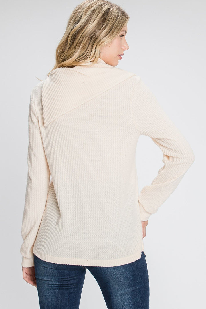 Long Sleeve Buttoned Flap Mock Sweater in Off White