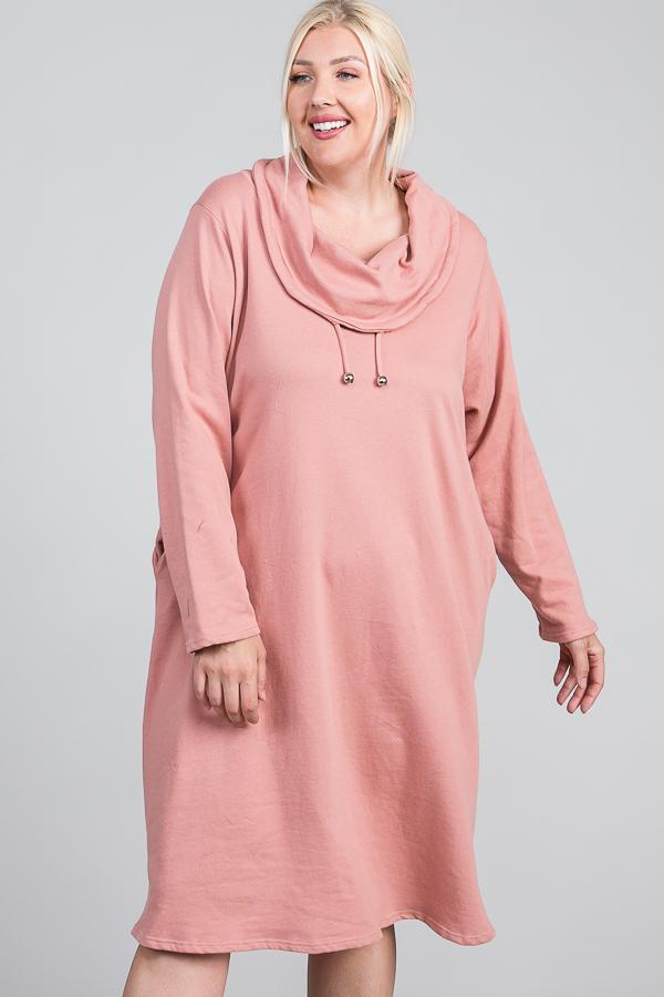 Turtleneck Hidden Pocket Long Sleeve Maxi Dress (Pink)