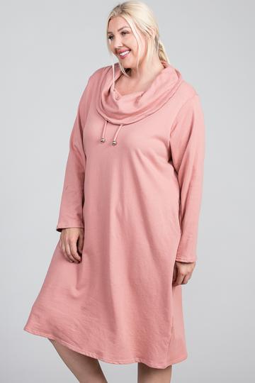 Turtleneck Hidden Pocket Long Sleeve Maxi Dress (Pink)