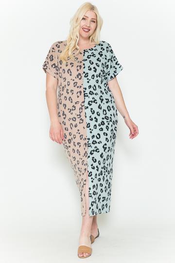 Mint Combo Front Slit Dolman Leopard Print Maxi Dress