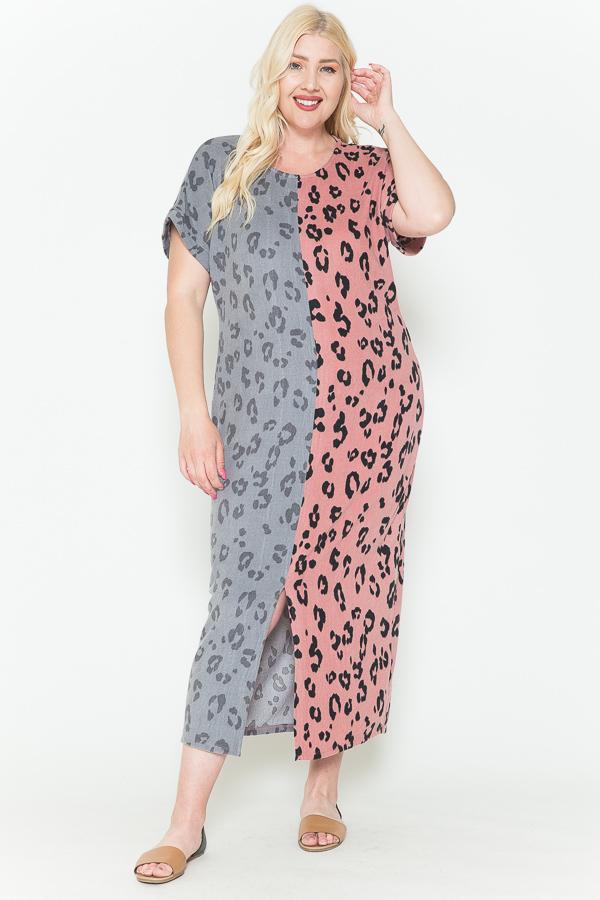 Dusty Pink Combo Front Slit Dolman Leopard Print Maxi Dress