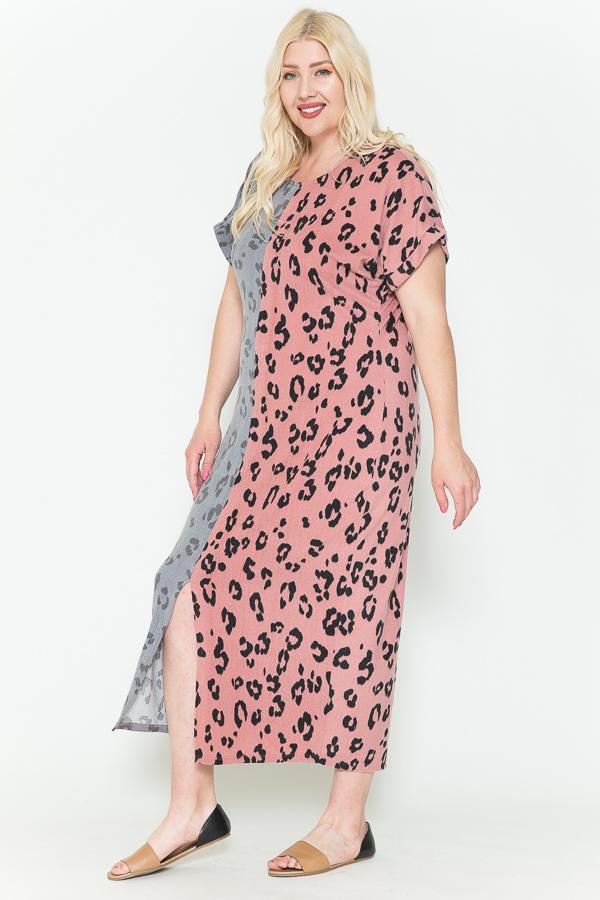 Dusty Pink Combo Front Slit Dolman Leopard Print Maxi Dress