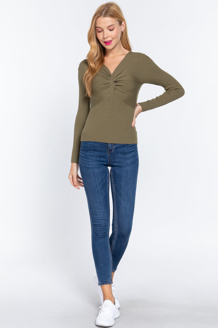 Long Sleeve V-neck Knotted Sweater