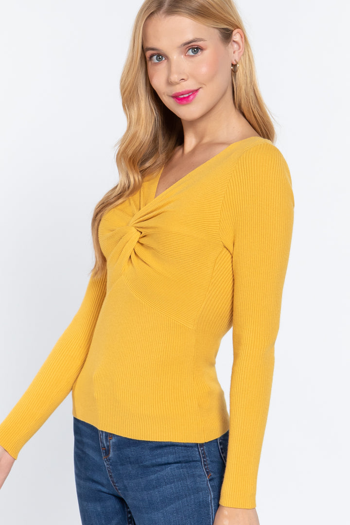 Long Sleeve V-neck Knotted Sweater