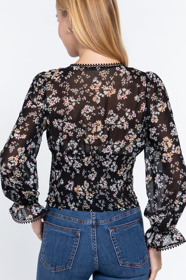 Ruffle Long Sleeve Floral Print Chiffon Top in Floral/Black