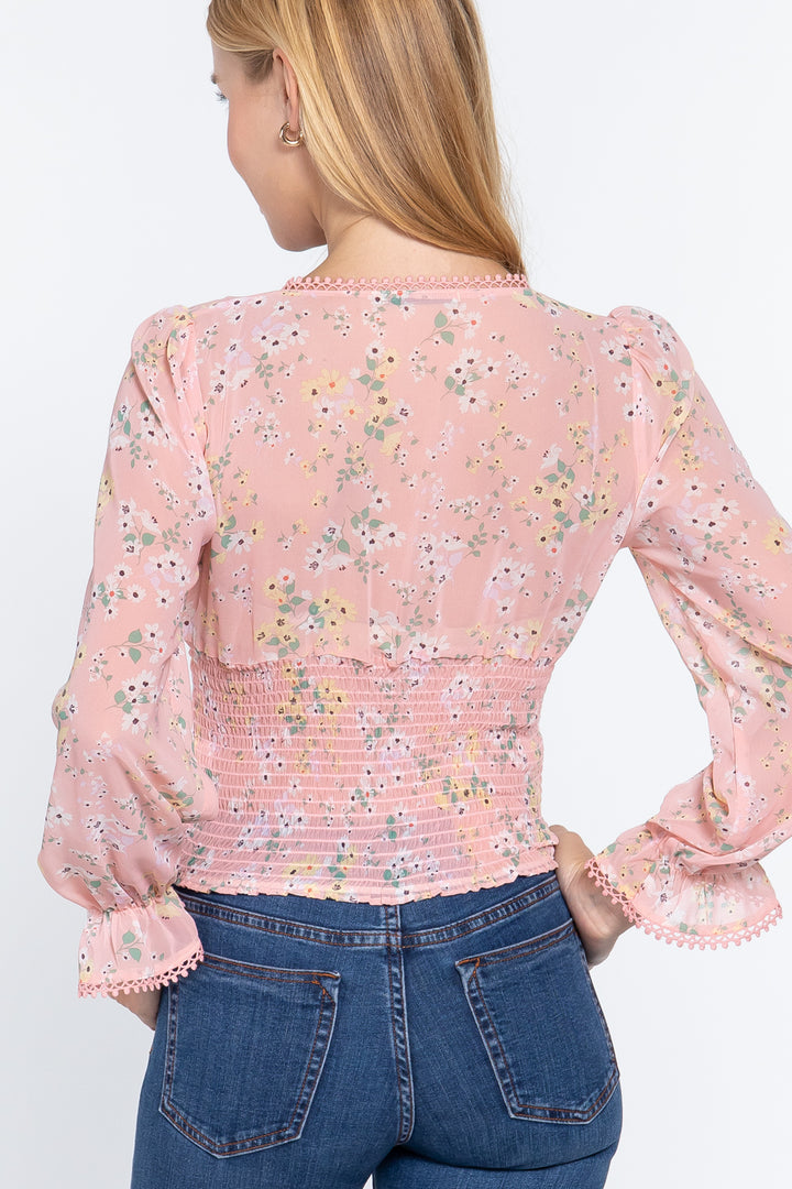 Ruffle Long Sleeve Floral Print Chiffon Top in Floral/Pink