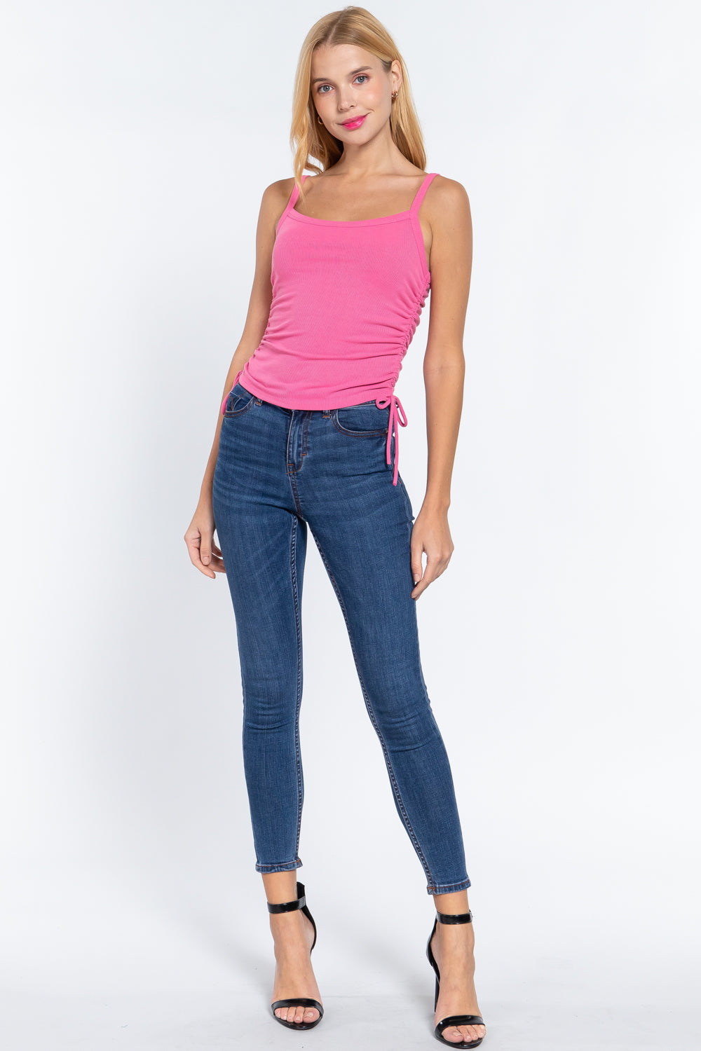 Side Ruched Cami Knit Top in Pink