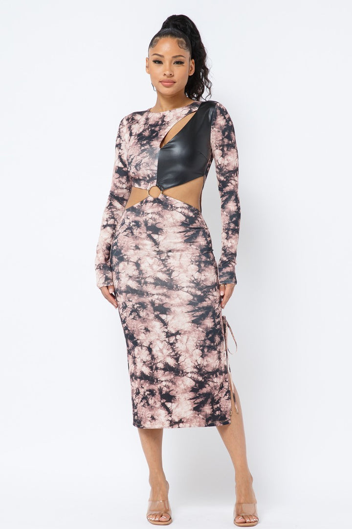 Tie Dye Long Sleeve Midi Dress in Brown