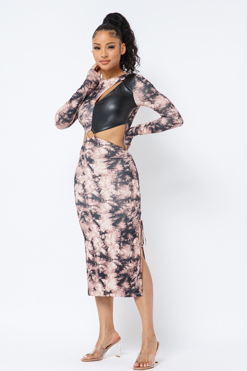 Tie Dye Long Sleeve Midi Dress in Brown