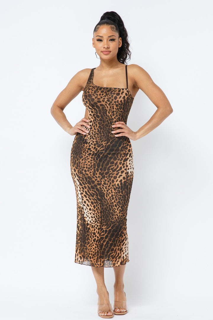 Animal Print Midi Dress With Strap in Brown