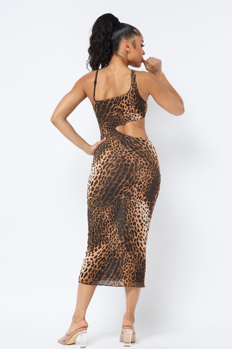Animal Print Midi Dress With Strap in Brown