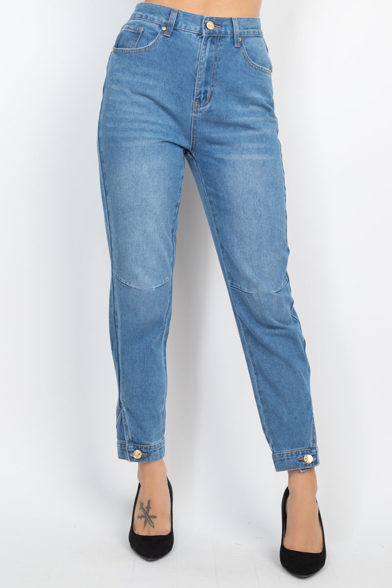 Cuffed-button Mom Jeans in Medium Denim