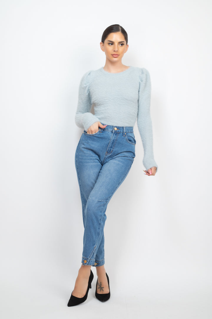 Cuffed-button Mom Jeans in Medium Denim