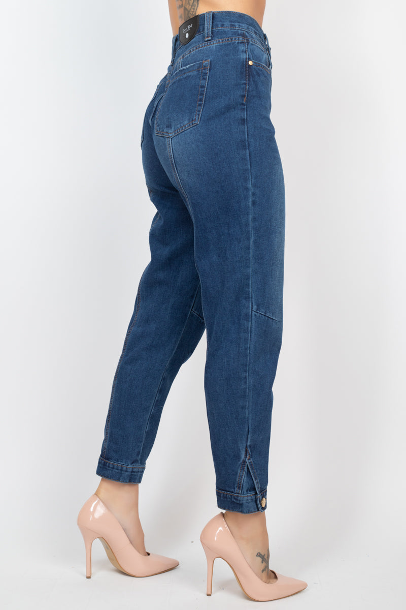 Cuffed-button Mom Jeans in Dark Denim
