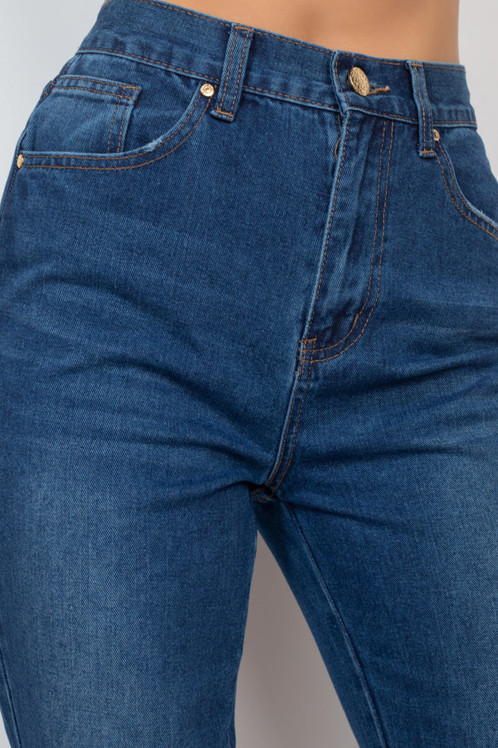 Cuffed-button Mom Jeans in Dark Denim