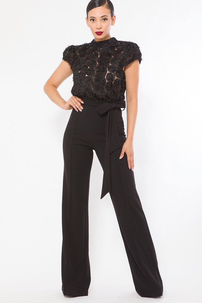Flower Lace Top Detailed Fashion Jumpsuit in Black