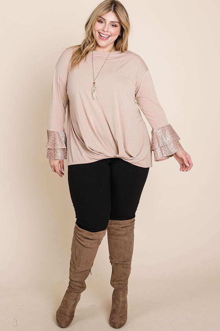Plus Size Two Tier Velvet Animal Mesh Sleeves Solid Knit Top in Taupe