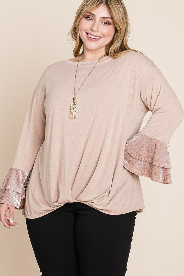 Plus Size Two Tier Velvet Animal Mesh Sleeves Solid Knit Top in Taupe