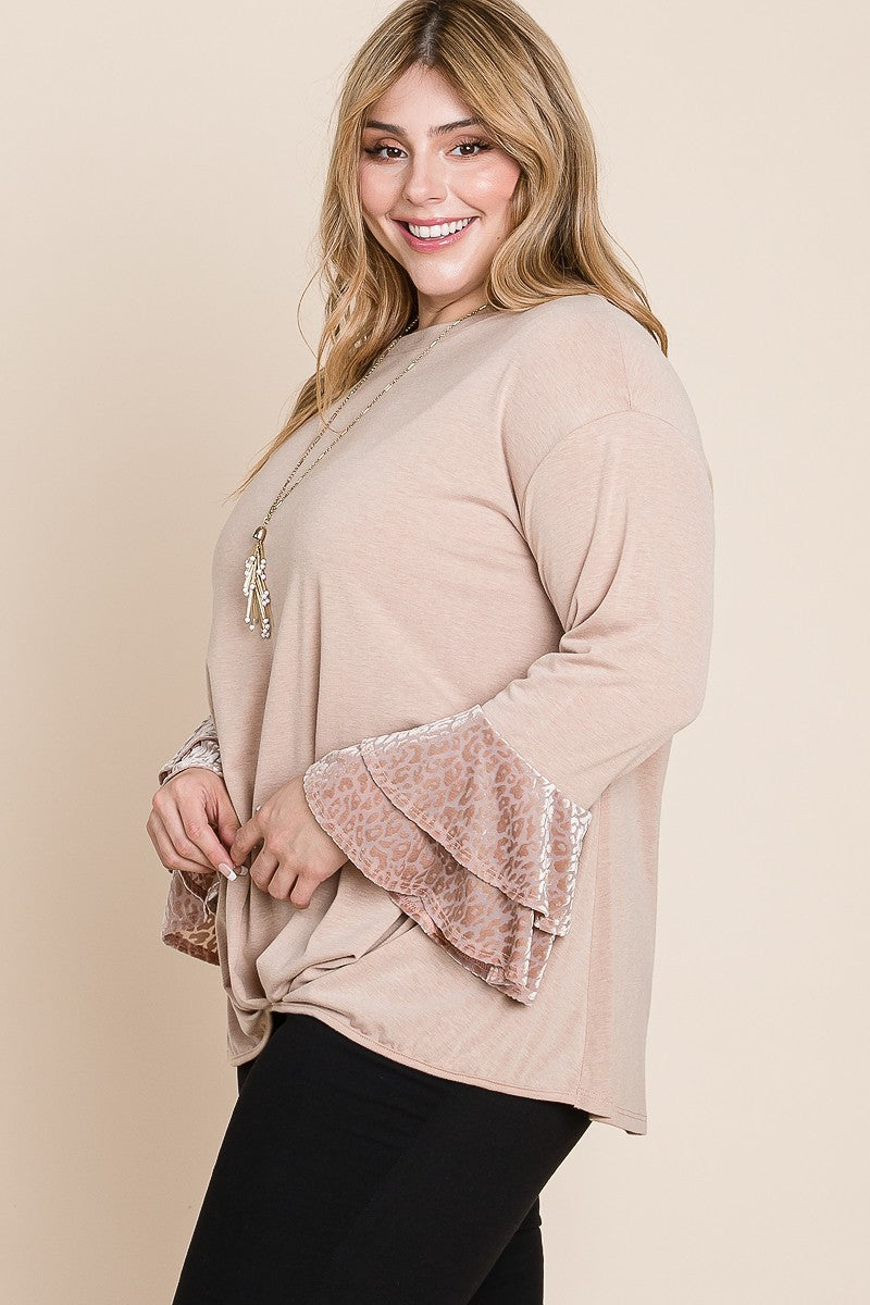 Plus Size Two Tier Velvet Animal Mesh Sleeves Solid Knit Top in Taupe