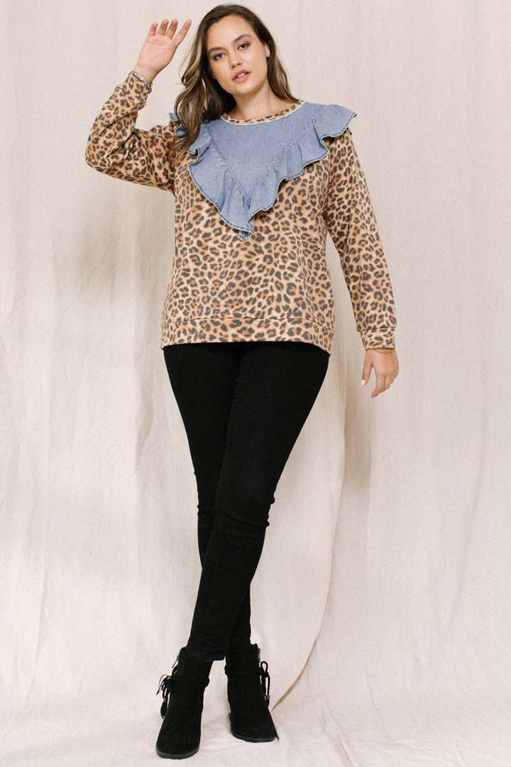 Long Sleeves Contrast Washed Denim Top Leopard Print Pullover