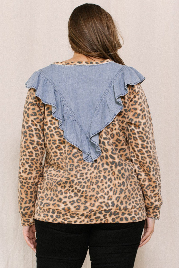 Long Sleeves Contrast Washed Denim Top Leopard Print Pullover