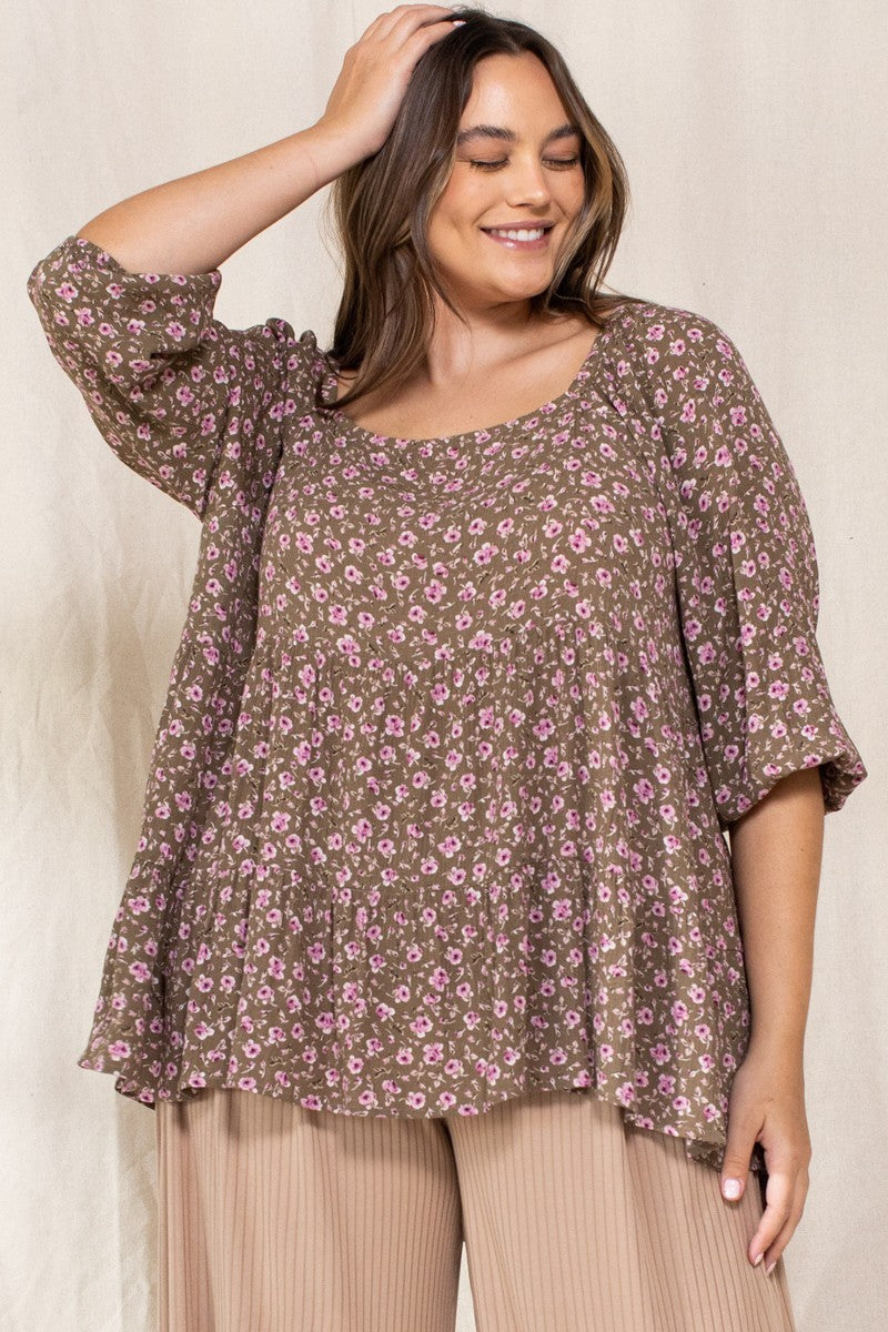 Tiny Floral Printed 3/4 Sleeve Square Neckline Top