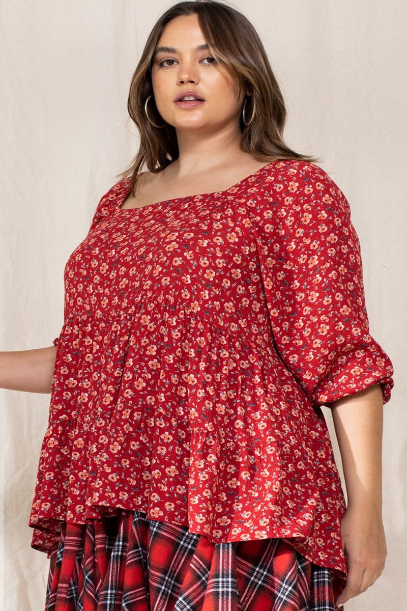 Red Tiny Floral Printed Square Neckline Top