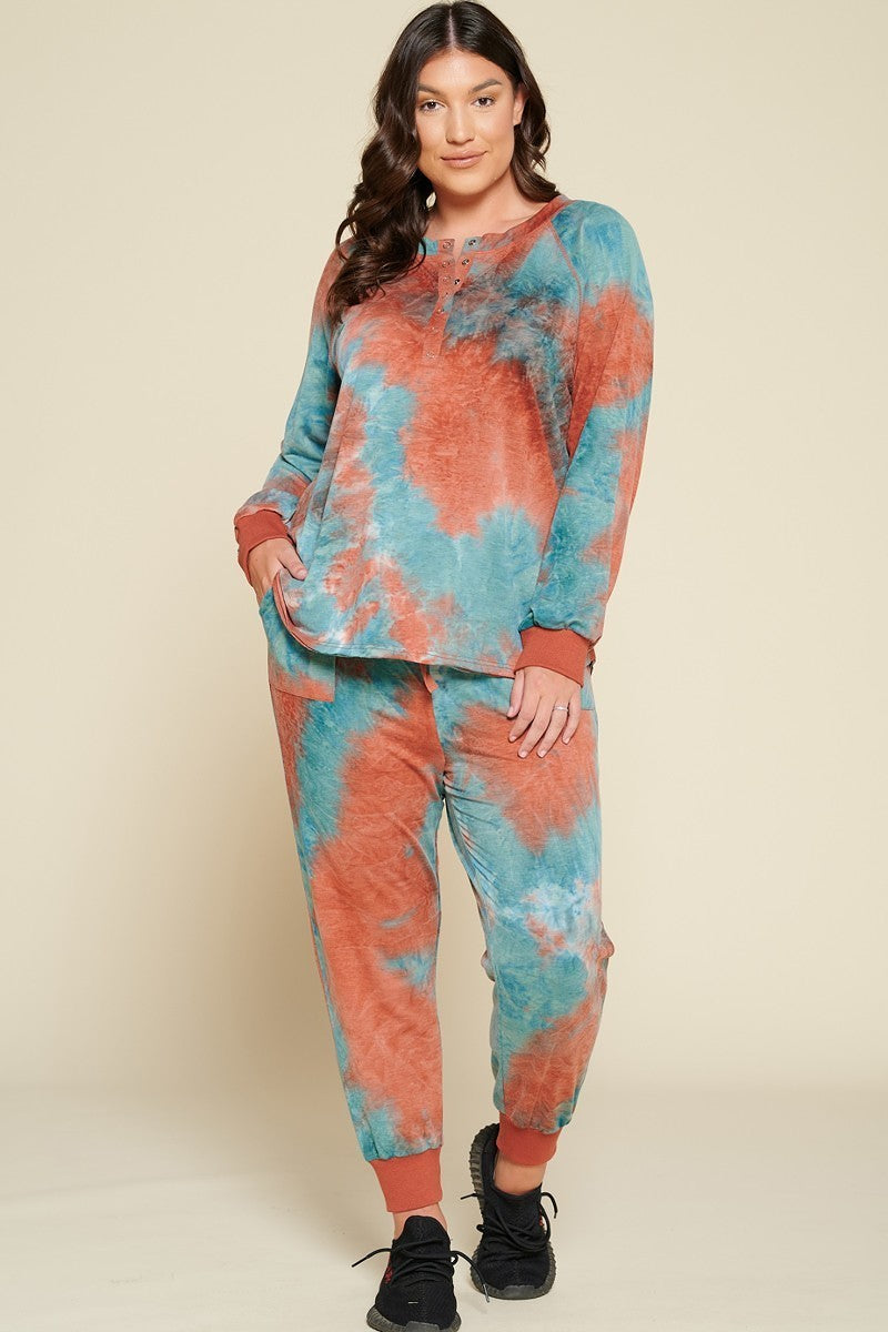 Tie-dye Printed French Terry Knit Loungewear Sets in Teal/Rust
