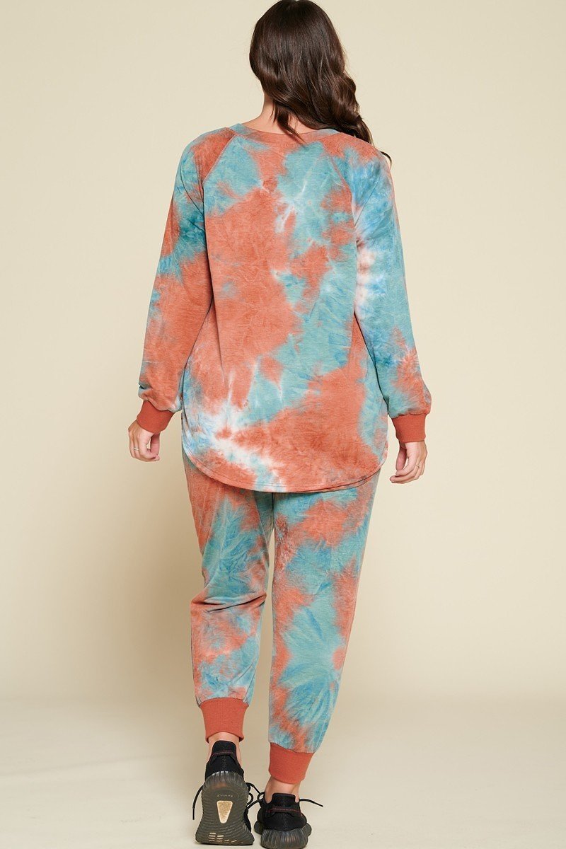 Tie-dye Printed French Terry Knit Loungewear Sets in Teal/Rust