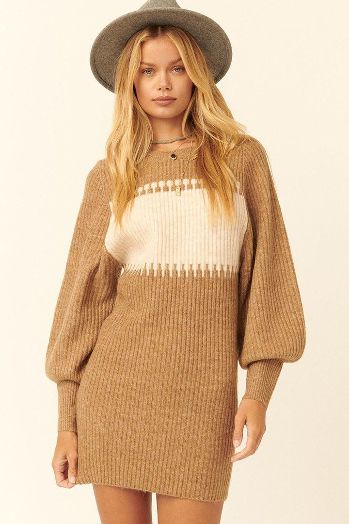 Long Bishop Sleeves Ribbed Knit Sweater Mini Dress in Camel