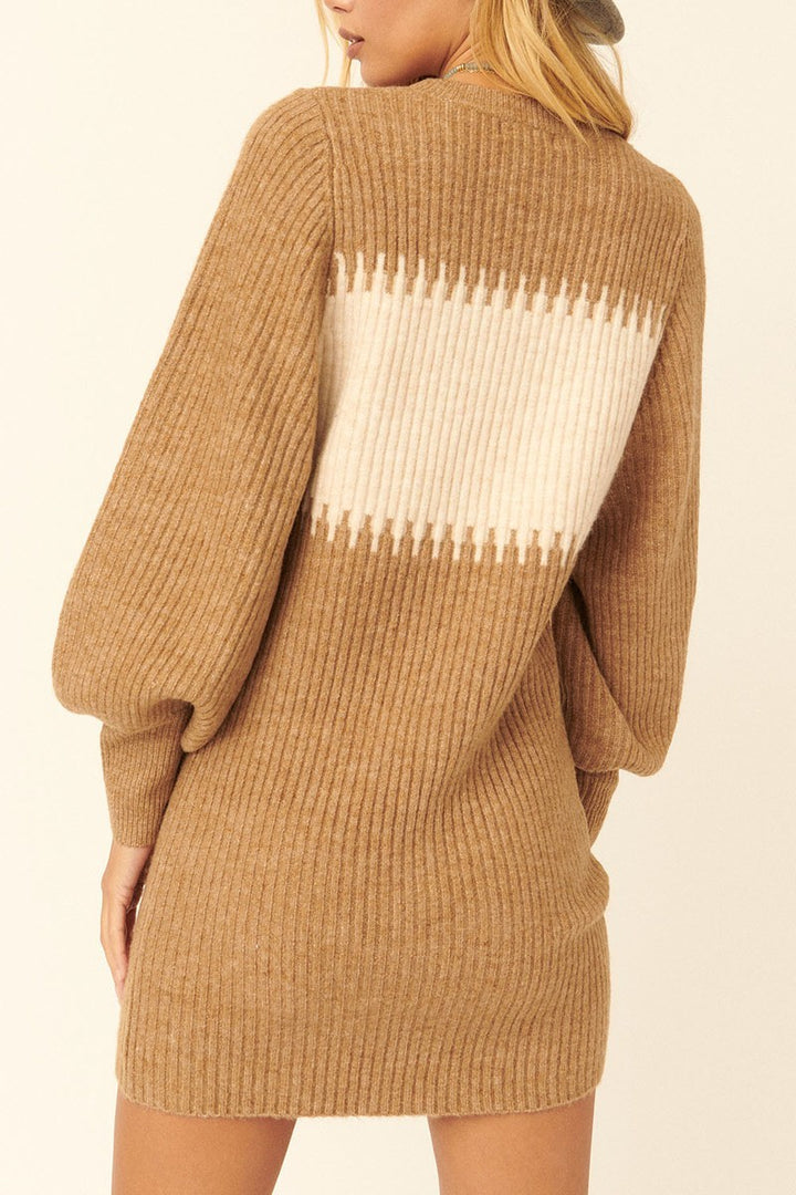 Long Bishop Sleeves Ribbed Knit Sweater Mini Dress in Camel