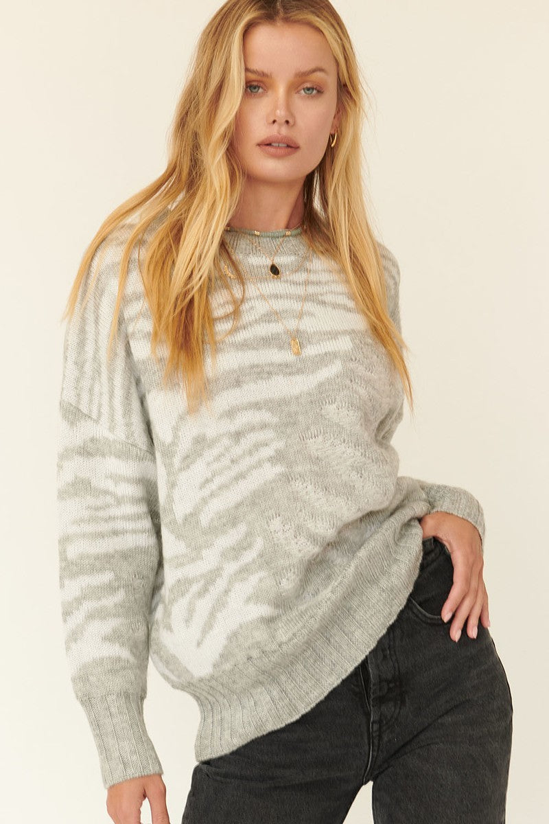 Long Sleeves Oversized Zebra Print Pullover Sweater in Heather Grey