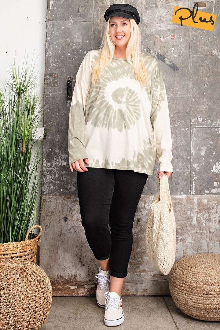 Plus Size Long Sleeve Special Washed Poly Rayon Knit Top in Faded Sage