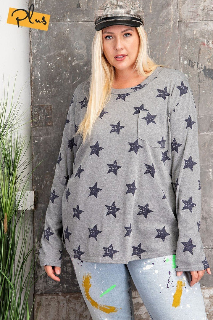 Plus Size Star Printed Poly Rayon Loose Fit Top in Heather Grey